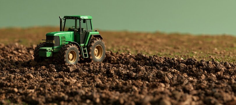Green tractor preparing soil on farmland with rough clods and smooth seedbed