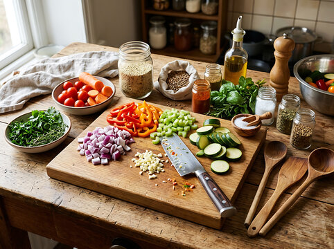 Fresh vegetables sliced on a wooden cutting board in a rustic kitchen setting.