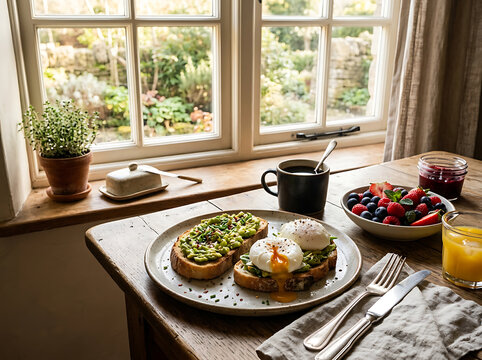 A delicious healthy breakfast with avocado toast and poached eggs by a sunny window.