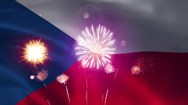 Czech Republic flag waving with blue triangle as fireworks explode behind, seamless loop realistic fabric animation on dark night sky background for national holiday celebration wallpaper