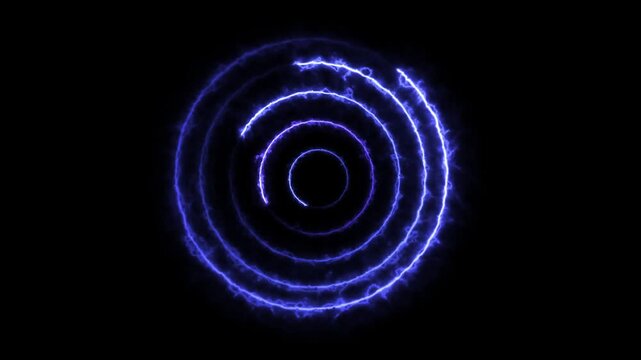 Glowing blue neon energy rings pulsing in dark space, abstract electric circular motion background circles