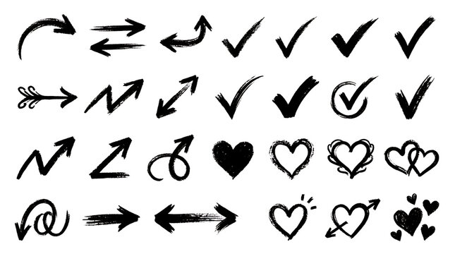 Set of hand drawn arrows check marks and heart symbols in black ink sketch style for design elements