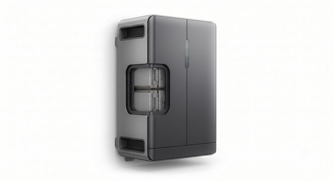 Sleek residential solar battery power wall unit and inverter with LED indicator, 3D illustration