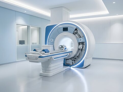A professional MRI machine stands ready in a modern, well-lit medical scanning suite, demonstrating state-of-the-art diagnostic imaging technology, advanced, radiology, mri