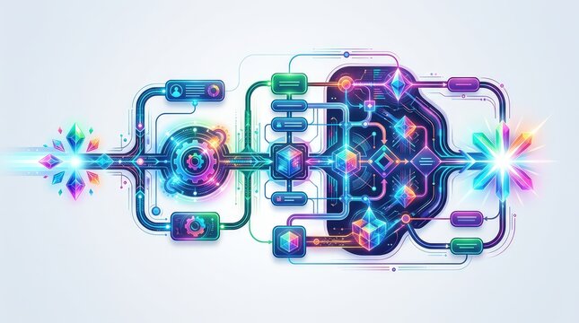 A professional flowchart illustration of a CRM journey, visualizing the customer path from initial lead generation through automated sales, success, contact, graphic