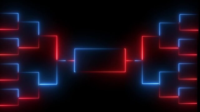 Neon tournament bracket motion red and blue glowing competition chart for sports and esports