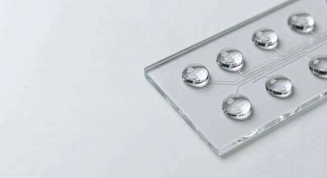 Macro View of a Microfluidic Chip with Multiple Water Droplets: Precision Lab-on-a-Chip for High-Throughput Screening and Biomedical Research with Copy Space at 11K