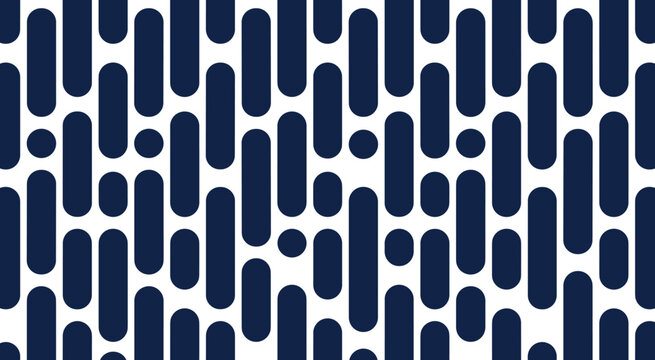 Abstract navy blue vertical pill and circle shape pattern on white background with vertical pills