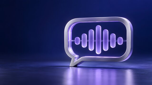 Voice recognition technology concept showcasing glowing purple chat bubble icon with audio frequency wave representing artificial intelligence digital assistant