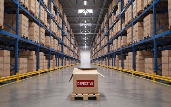Cardboard box labeled defective on a wooden pallet in a large warehouse aisle