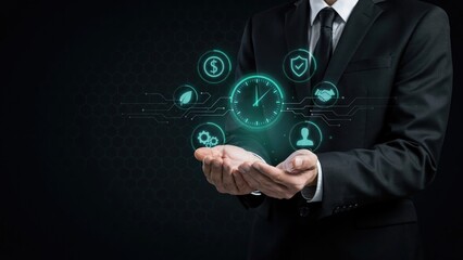 Fototapeta premium Businessman in black suit holding glowing digital clock and business icons, cyberpunk style interface