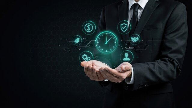 Businessman in black suit holding glowing digital clock and business icons, cyberpunk style interface