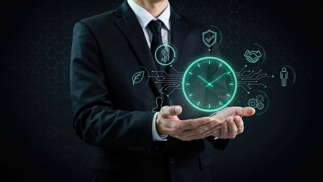 Businessman in suit holding a glowing digital clock interface with business icons