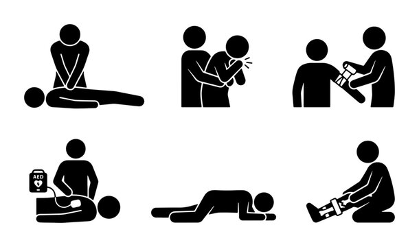 First aid and emergency treatment set with CPR, choking relief, AED, and wound care icons