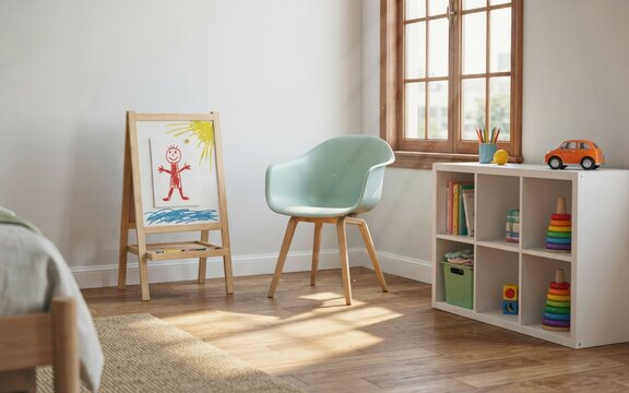 Children's playroom with wooden easel, mint green chair, and white storage cubby shelf