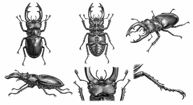 Stag beetle anatomical study set with dorsal, ventral, lateral, head, and leg views. Detailed pencil sketch on white background.