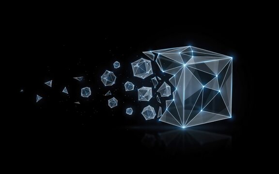 Glowing wireframe cube disintegrating into geometric fragments on black background