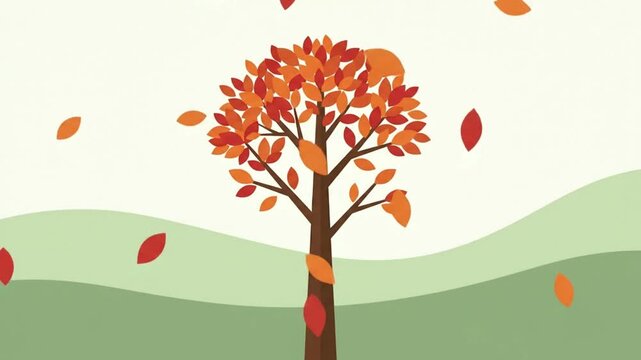 Animated autumn tree with colorful falling leaves in wind.