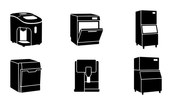 Kitchen appliance silhouettes set with ice maker, dishwasher and coffee machine for logos and signage