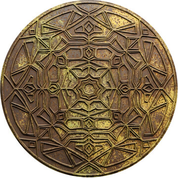 Circular rusty metal manhole cover with intricate geometric pattern