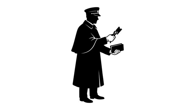 Vintage Ticket Collector: A silhouetted figure of a vintage ticket collector, dressed in uniform with a cap, stands ready to punch tickets, evoking a sense of nostalgia and history.