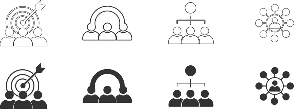 Teamwork and goal setting icons depict collaboration strategy and network connections in a flat design team group target objective mission connection