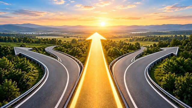 Illuminated golden arrow pointing forward on a dividing highway representing business strategy and future success