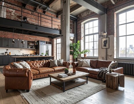 Industrial loft interior design featuring open plan living