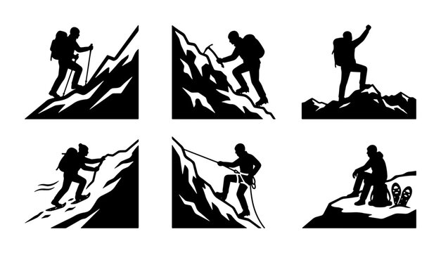 Climber silhouettes set with hiking, ice axe, summiting and resting poses for adventure and travel