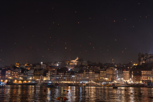Sao Joao celebration over Porto at night