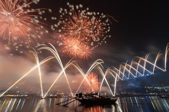Sao Joao fireworks over Porto and Dom Luis I Bridge