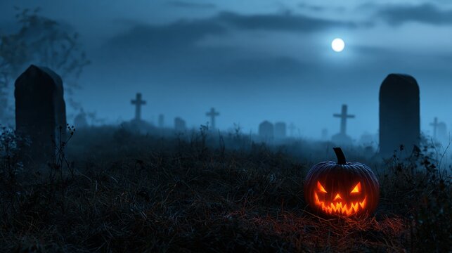 Glowing jack - o' - lantern on cemetery ridge under moonlight and fog