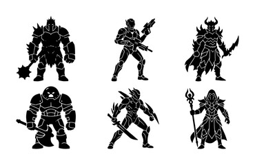 Fototapeta premium Armored warrior silhouettes set with mace, axe, rifle, sword and staff for fantasy game design