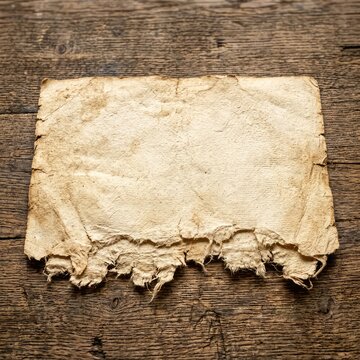 An aged piece of parchment with a rough, heavily torn and fibrous bottom edge rests on a rustic, distressed wooden table surface, board, craft, beige