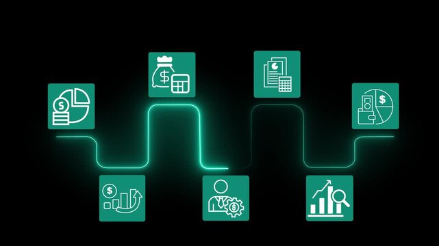 Budget planning and management concept on the transparent background. Effective and smart budgeting. Plan, review, approve, allocate, analyze and optimize budgets. Animation of 4k video.