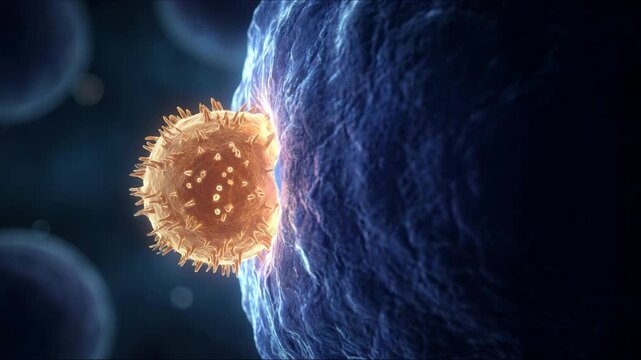 Orange spiky virus particle pressing against large blue cell
