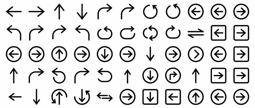 Directional arrow icons with loop and circle variations. Navigation symbols and traffic sign elements. Arrows, loops, circles, squares, rectangles, directional indicators. Minimalist design for UI,.