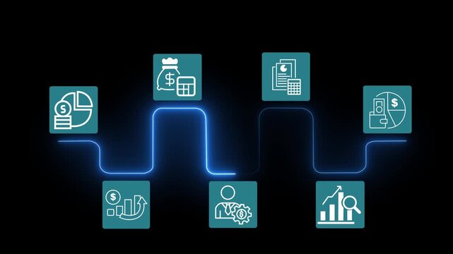 Budget planning and management concept on the transparent background. Effective and smart budgeting. Plan, review, approve, allocate, analyze and optimize budgets. Animation of 4k video.