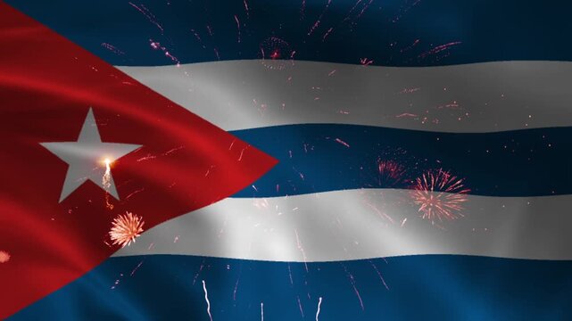  Cuba flag waving with red triangle and star as fireworks burst behind, seamless loop realistic fabric cloth animation on night sky background, patriotic celebration motion graphics wallpaper