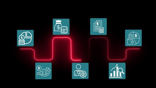 Budget planning and management concept on the transparent background. Effective and smart budgeting. Plan, review, approve, allocate, analyze and optimize budgets. Animation of 4k video.