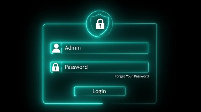 Digital cyber security login interface featuring glowing neon admin authentication panel with shield and secure password entry fields for modern software development and network protection concepts.4K