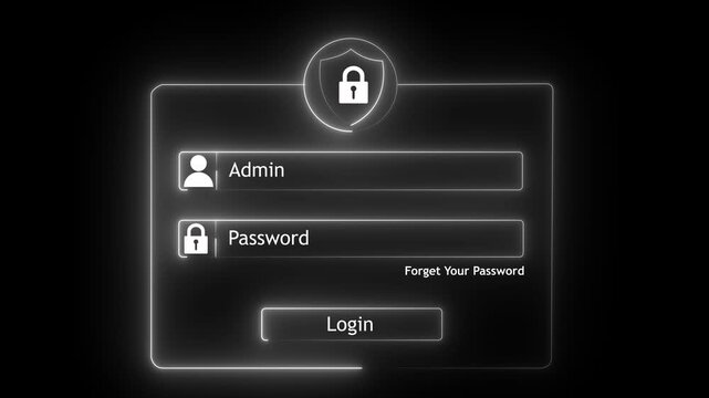 Digital cyber security login interface featuring glowing neon admin authentication panel with shield and secure password entry fields for modern software development and network protection concepts.4K