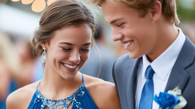 Close up of a happy teenage couple sharing a romantic moment in matching elegant blue formal attire.