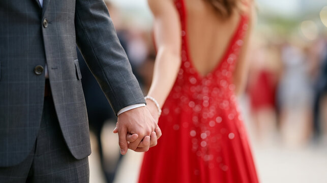 Close up of a young couple holding hands in elegant formal suits and red evening gown.