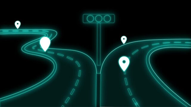 Glowing forked highway with location pins animation