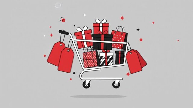 Animated shopping cart filled with red and black gift boxes and price tags on grey background.