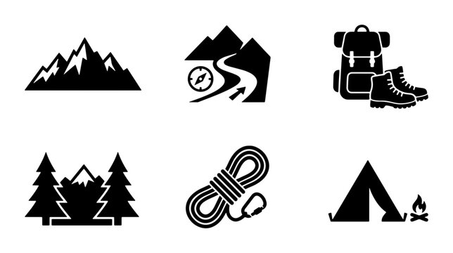 Hiking and camping silhouettes set with mountains, backpack, boots, tent and campfire for travel logos