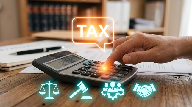 Hand using calculator on wooden desk with tax and legal service icons