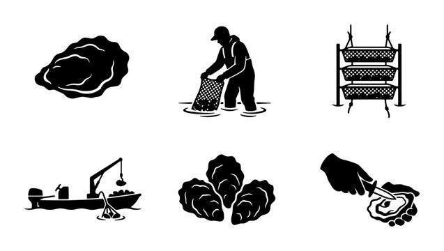 Oyster farm silhouettes set with worker, boat, baskets and opened oyster for seafood industry