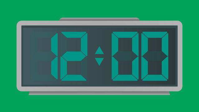 Minimalist digital desk clock display showing twelve o'clock time with glowing turquoise LED numbers on green screen background.